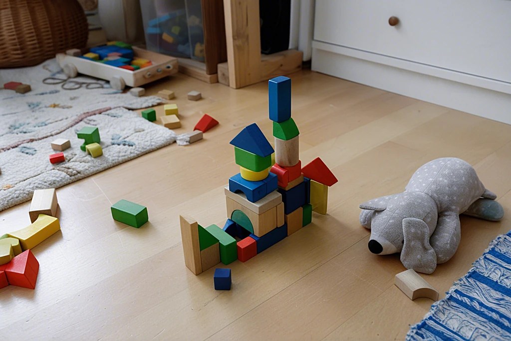 Bunte Holzbauklötze und ein halb fertiger Turm auf einem Kinderzimmerboden